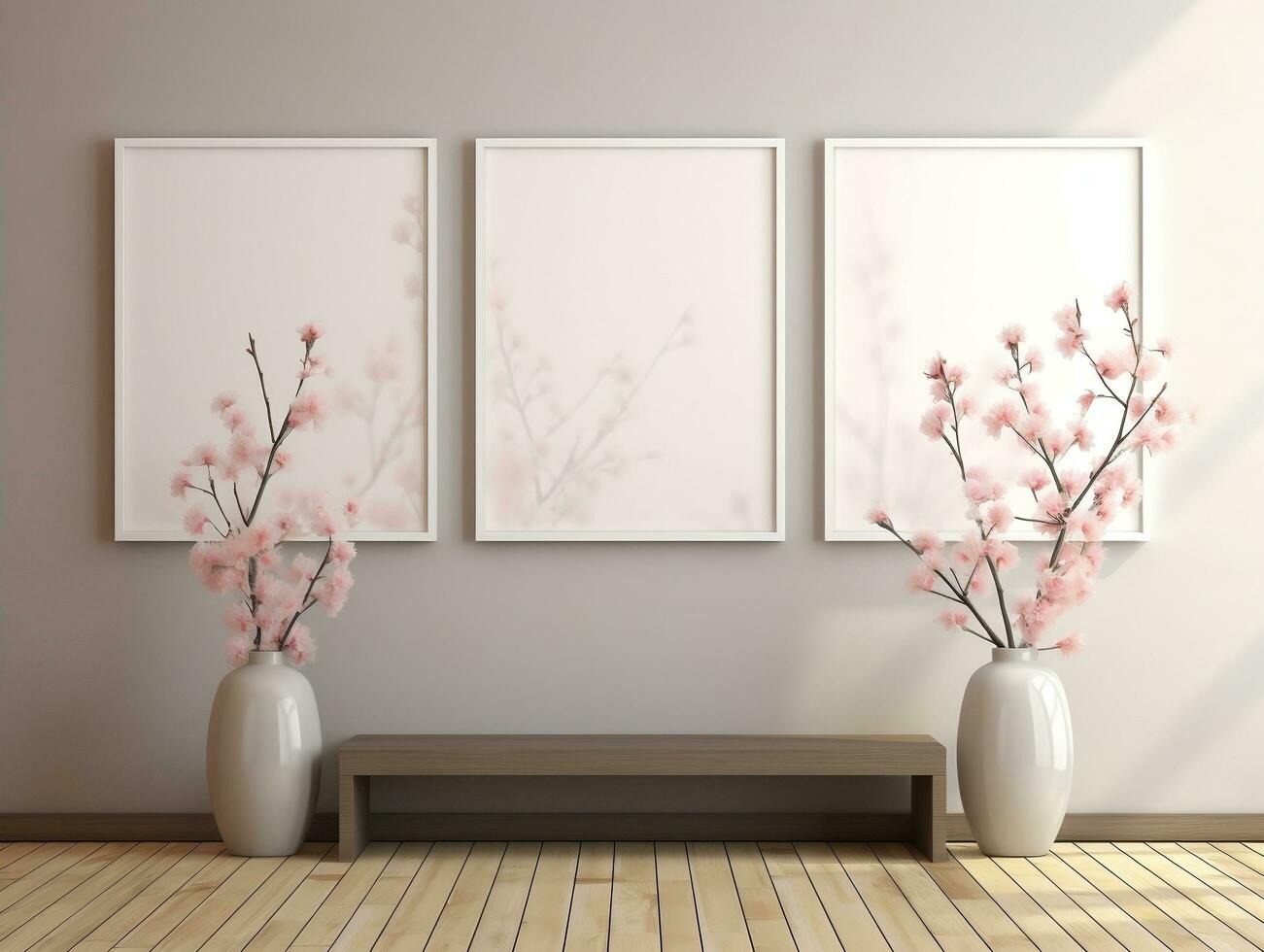 3D empty wall and wooden floor with frameless white posters mockup for art pictures and a side potted flowers AI Generative photo