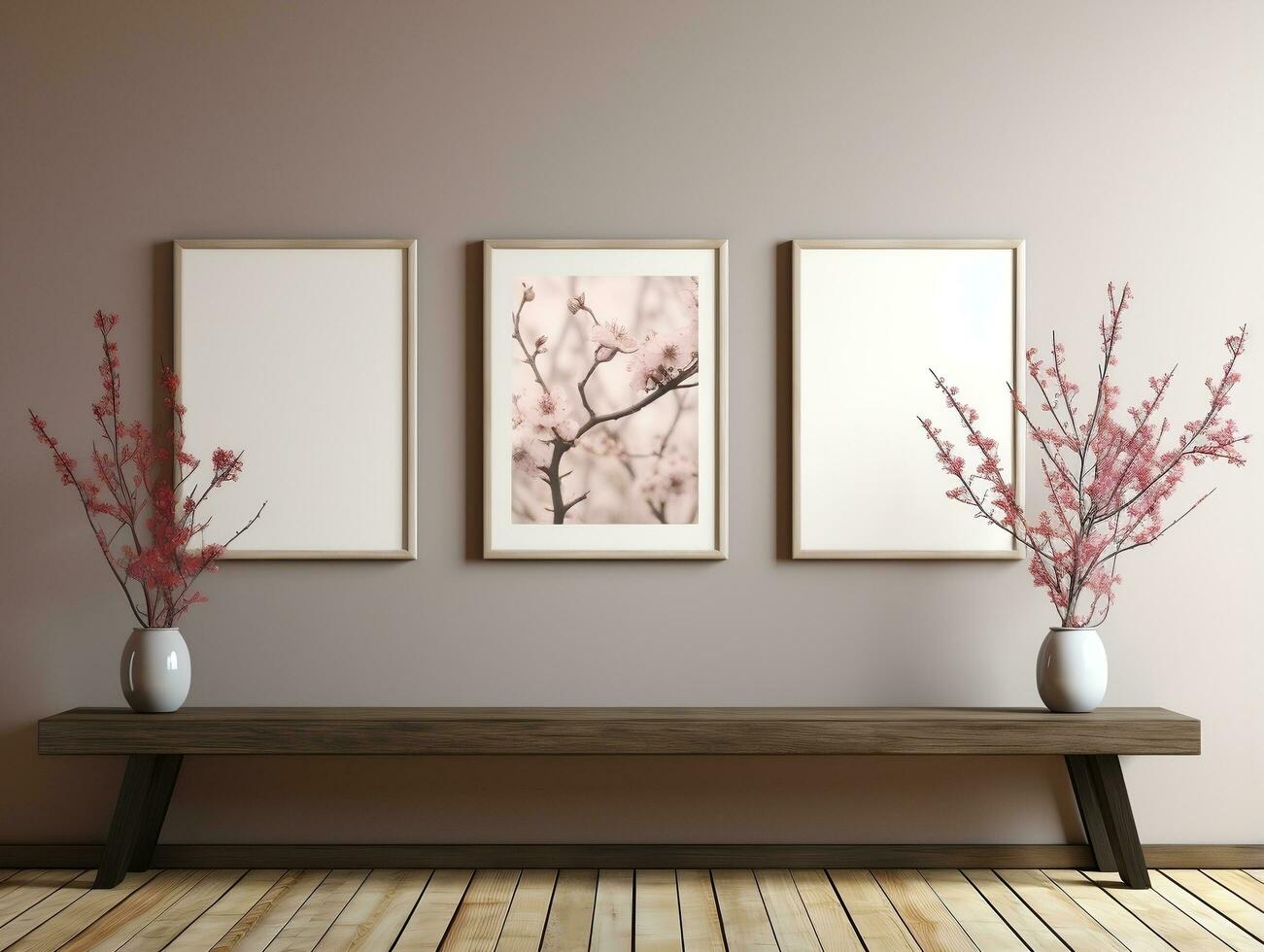 3D empty wall and wooden floor with frameless white posters mockup for art pictures and a side potted flowers AI Generative photo