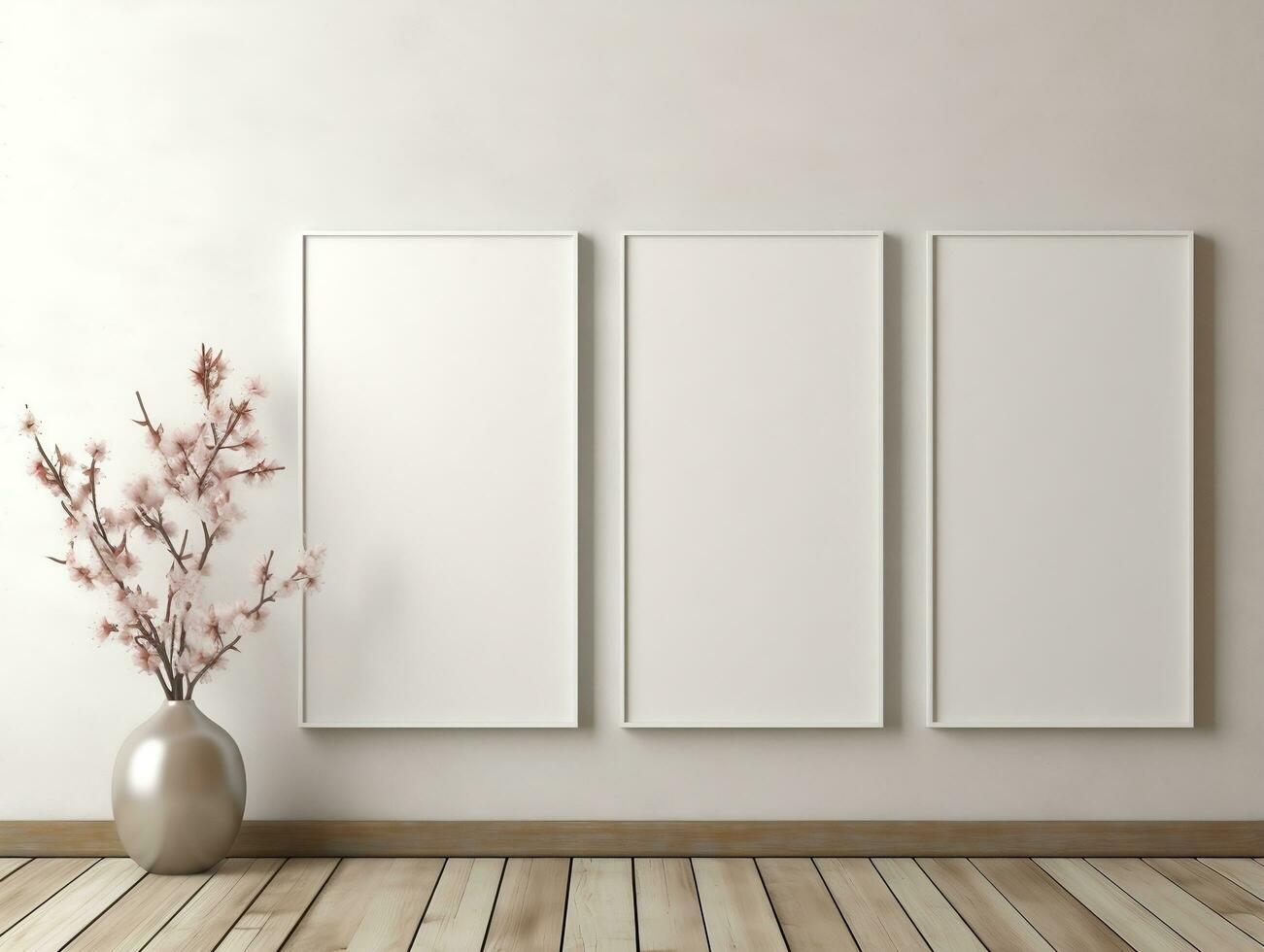 3D empty wall and wooden floor with frameless white posters mockup for art pictures and a side potted flowers AI Generative photo