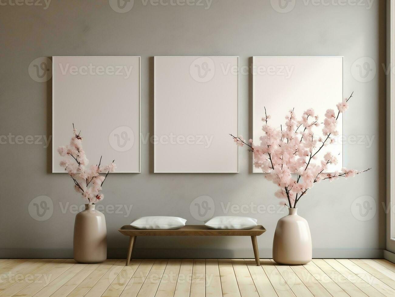 3D empty wall and wooden floor with frameless white posters mockup for art pictures and a side potted flowers AI Generative photo