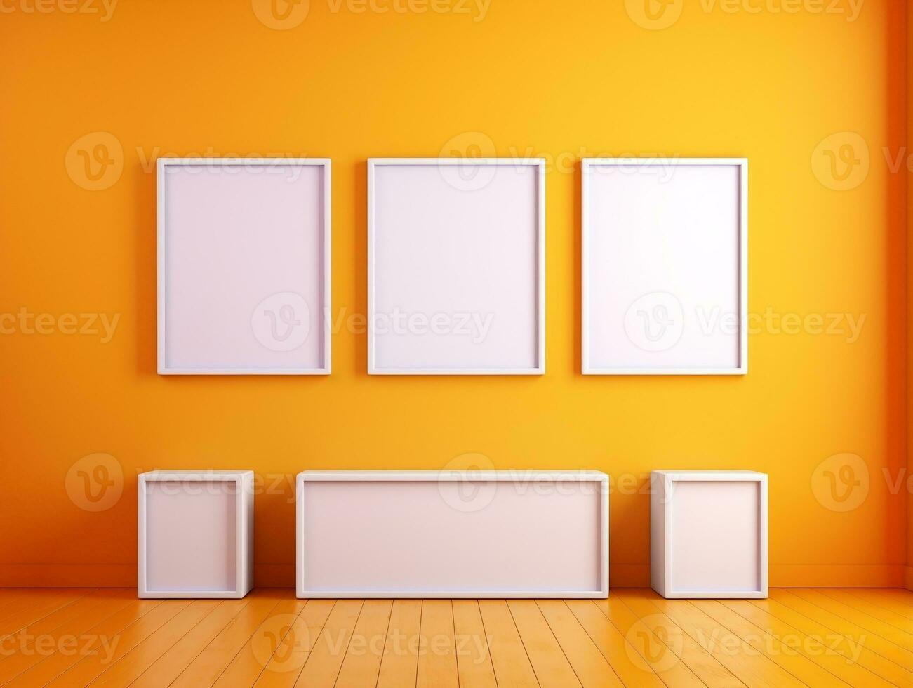 Set of blank white frames mockup displayed on a yellow wall AI Generative photo