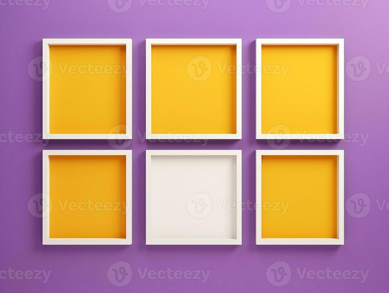Set of blank white frames mockup displayed on a yellow wall AI Generative photo