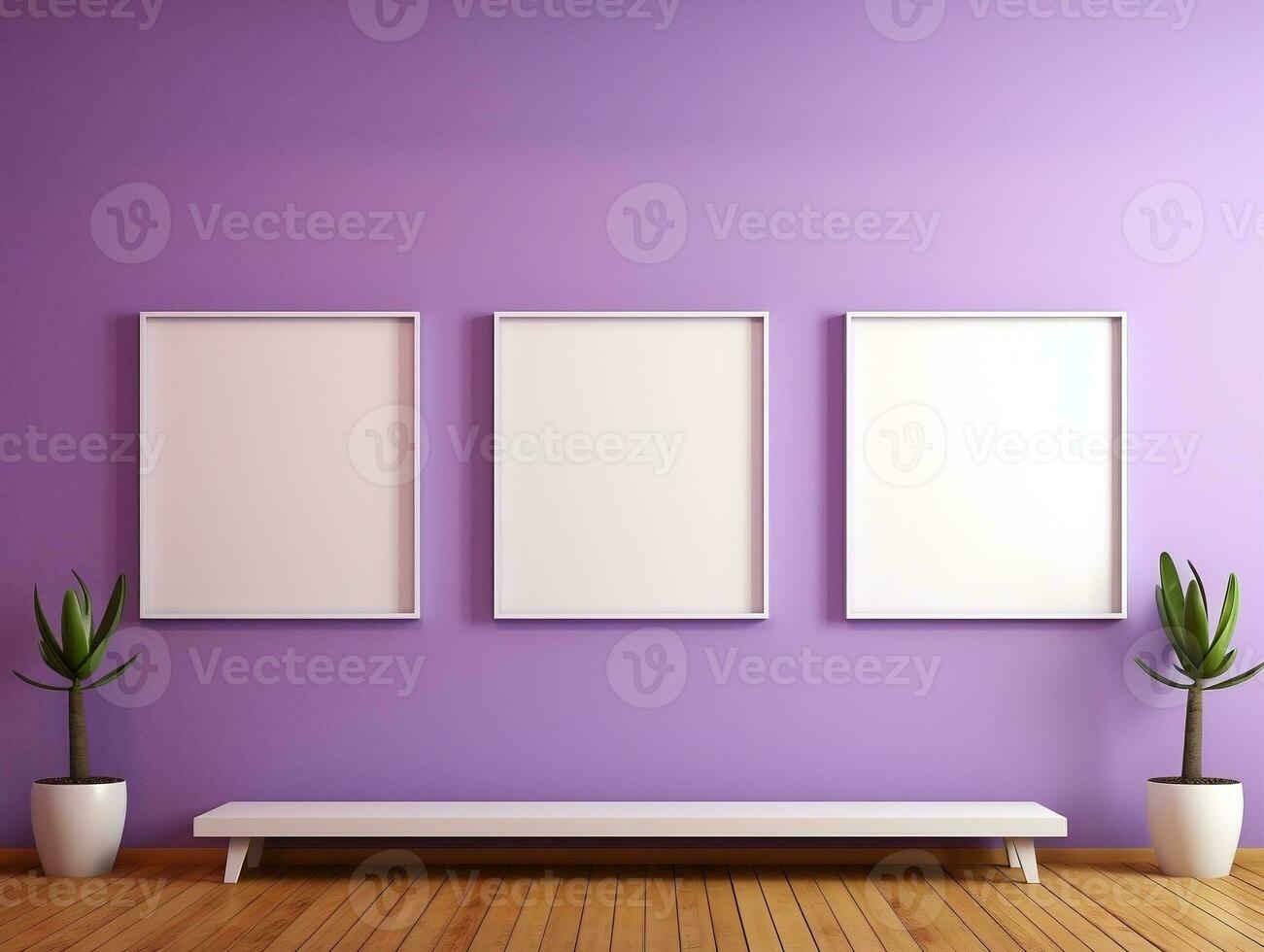 Set of blank white frames mockup displayed on a yellow wall AI Generative photo