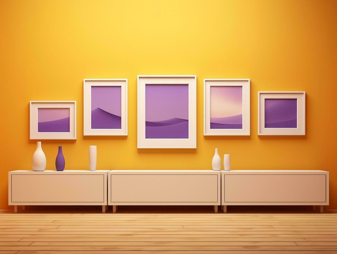 Set of blank white frames mockup displayed on a yellow wall AI Generative photo