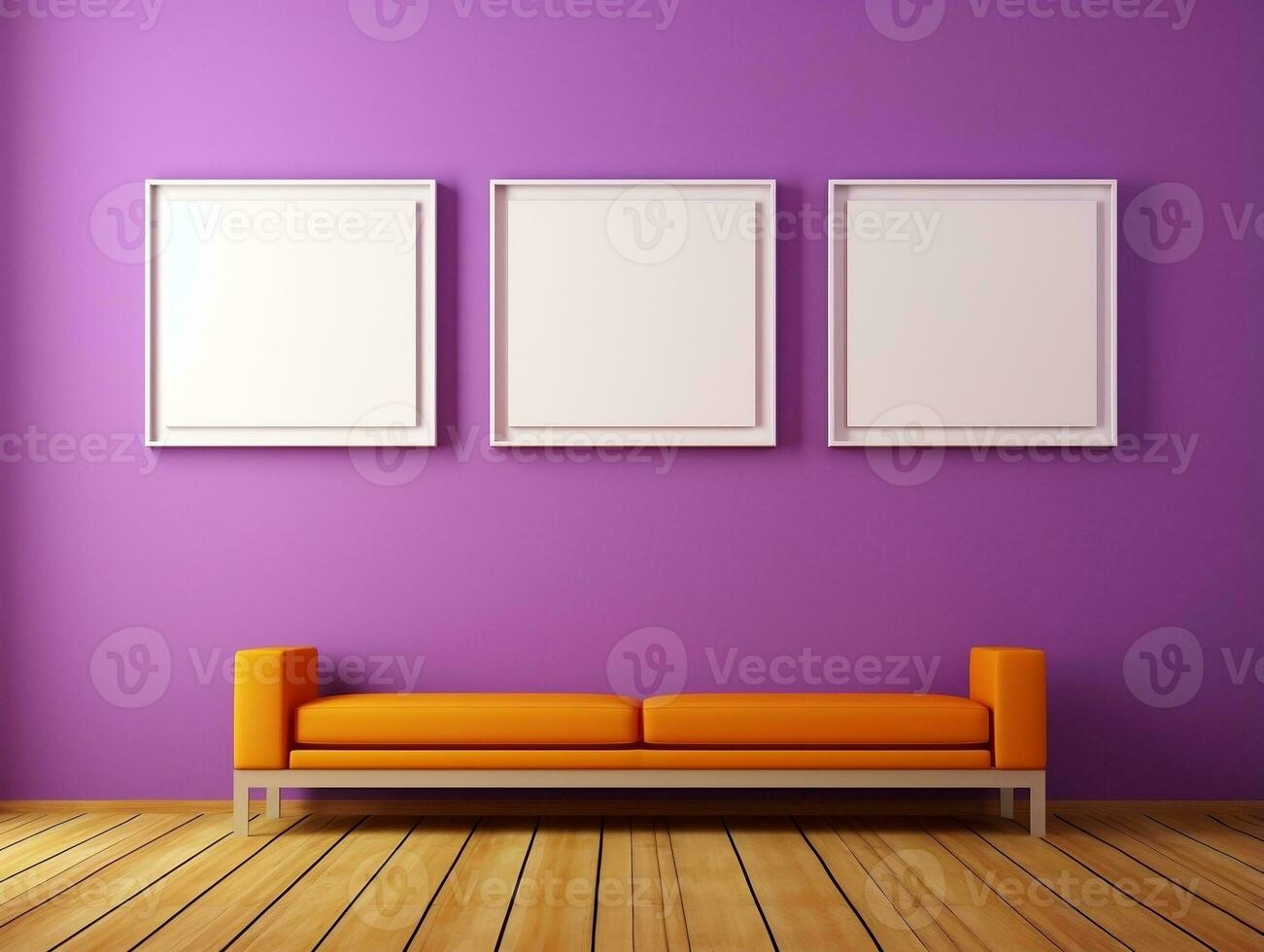 Set of blank white frames mockup displayed on a yellow wall AI Generative photo