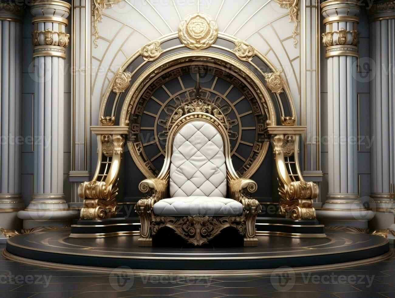 Ancient 3D golden throne on a white floor AI Generative photo