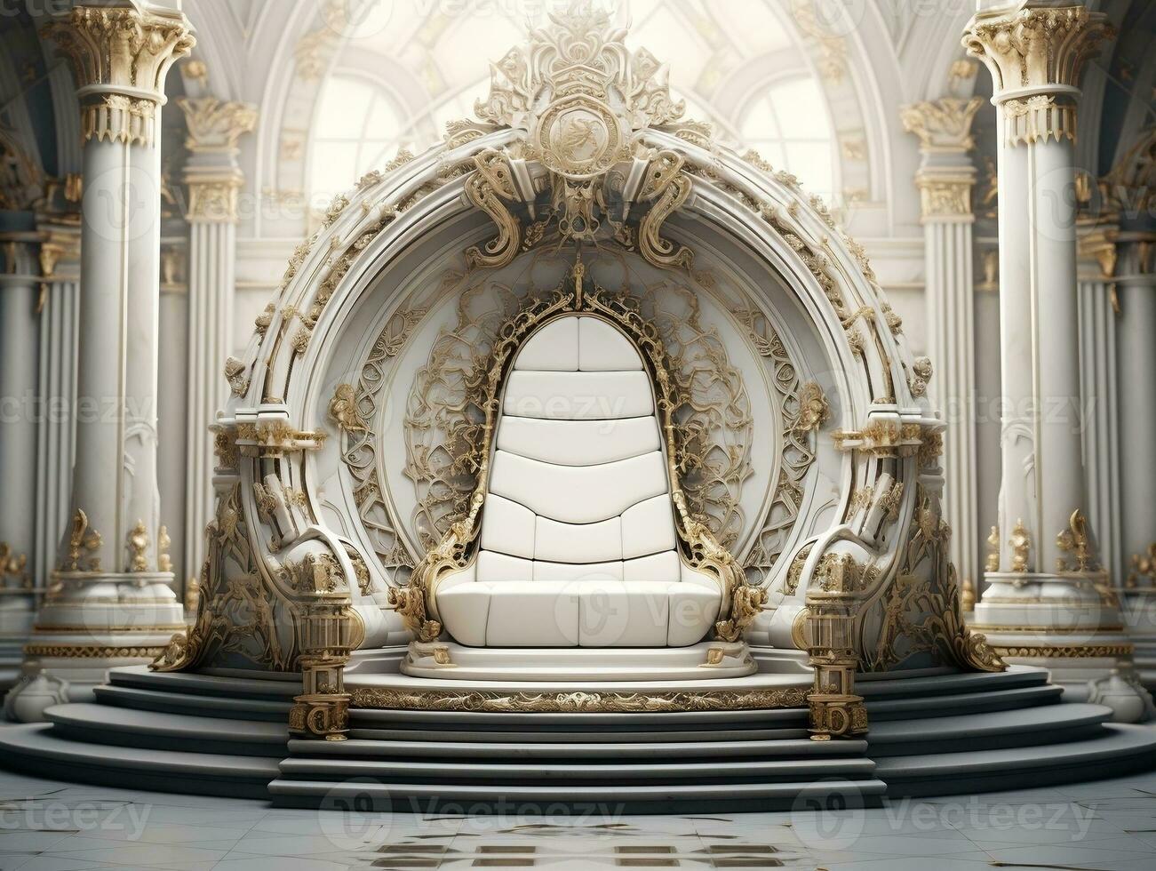 Ancient 3D golden throne on a white floor AI Generative photo