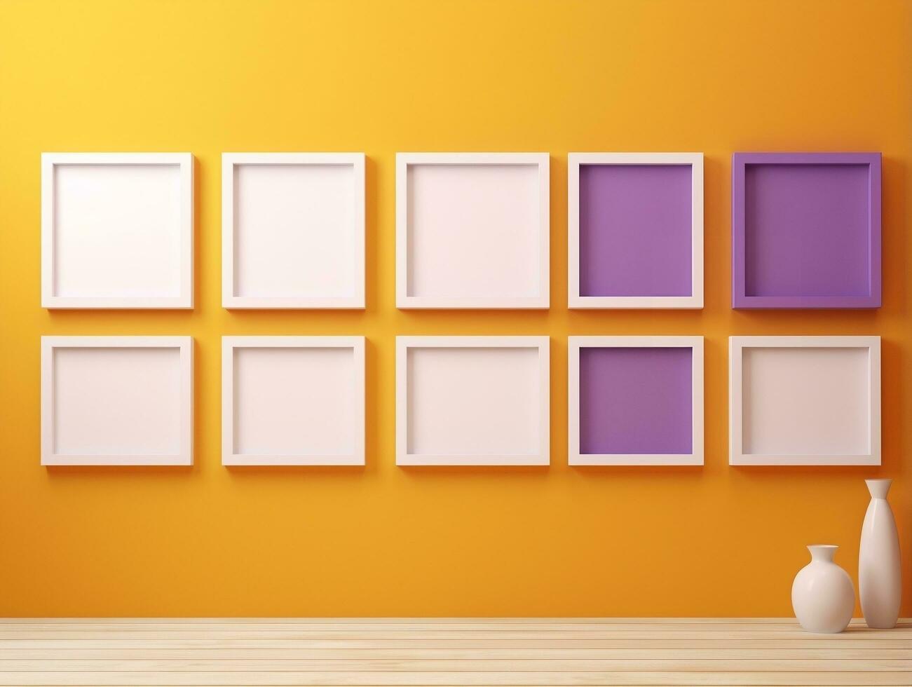 Set of blank white frames mockup displayed on a yellow wall AI Generative photo