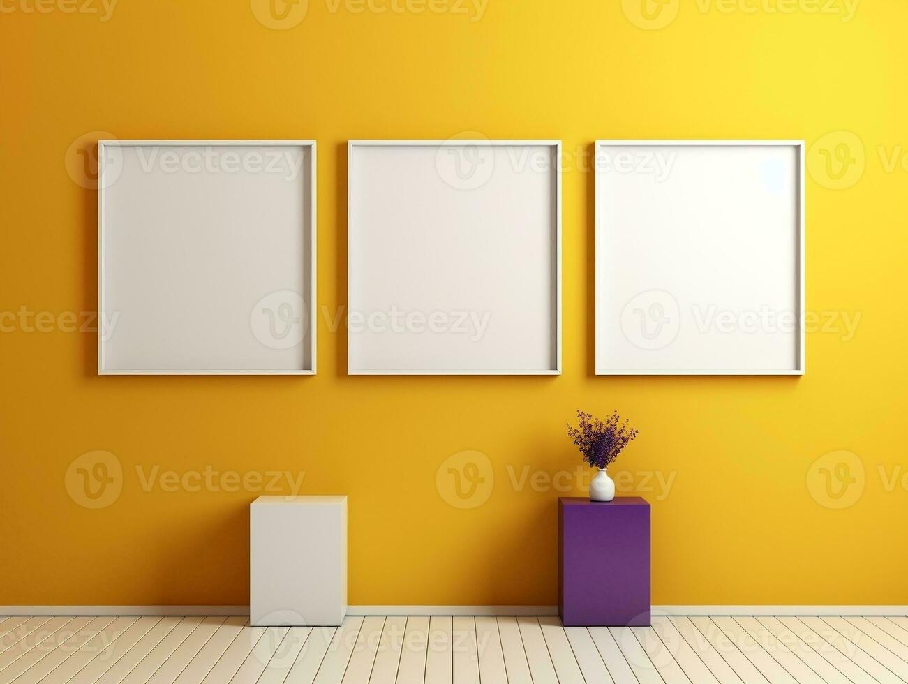Set of blank white frames mockup displayed on a yellow wall AI Generative photo