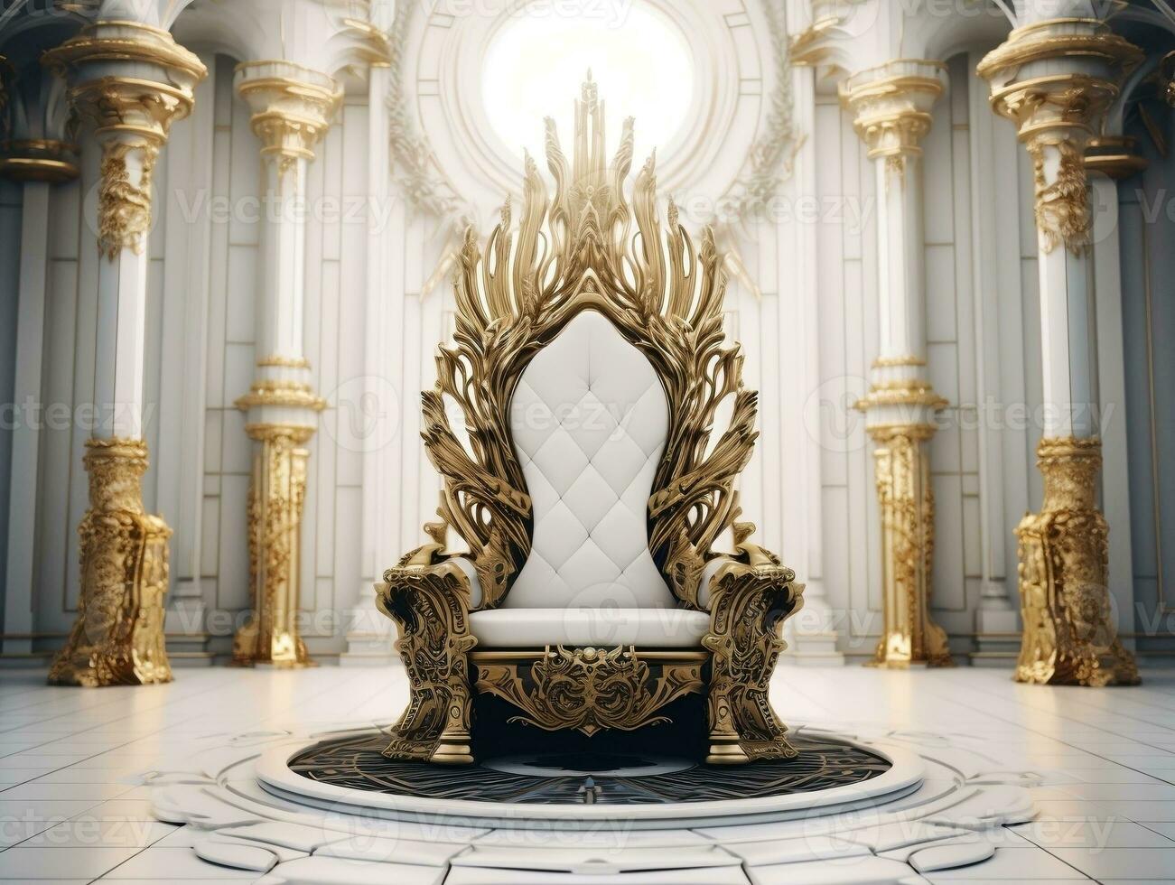 Ancient 3D golden throne on a white floor AI Generative photo