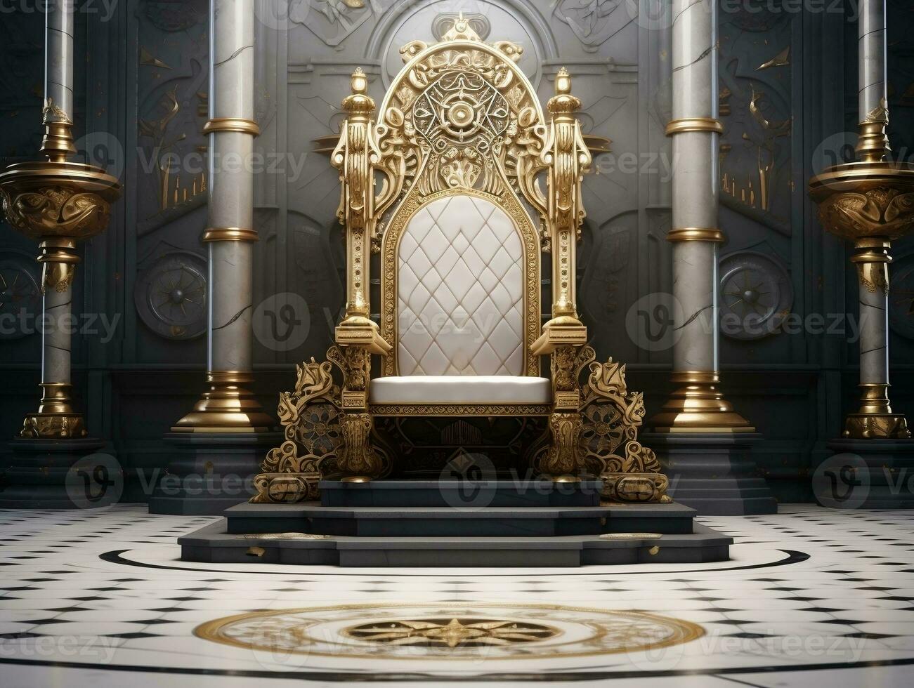 Ancient 3D golden throne on a white floor AI Generative photo