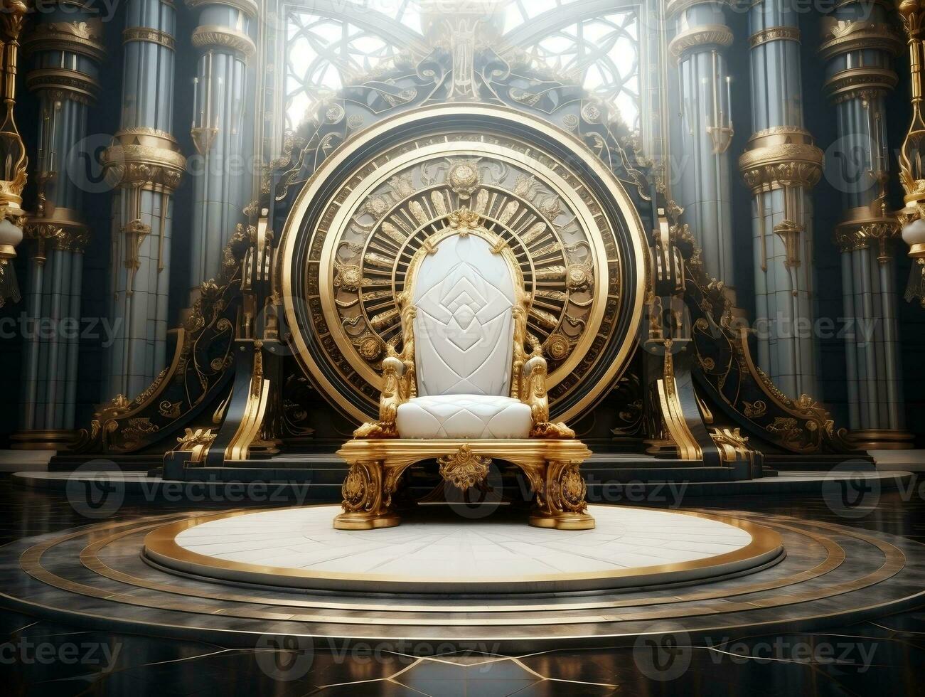 Ancient 3D golden throne on a white floor AI Generative photo