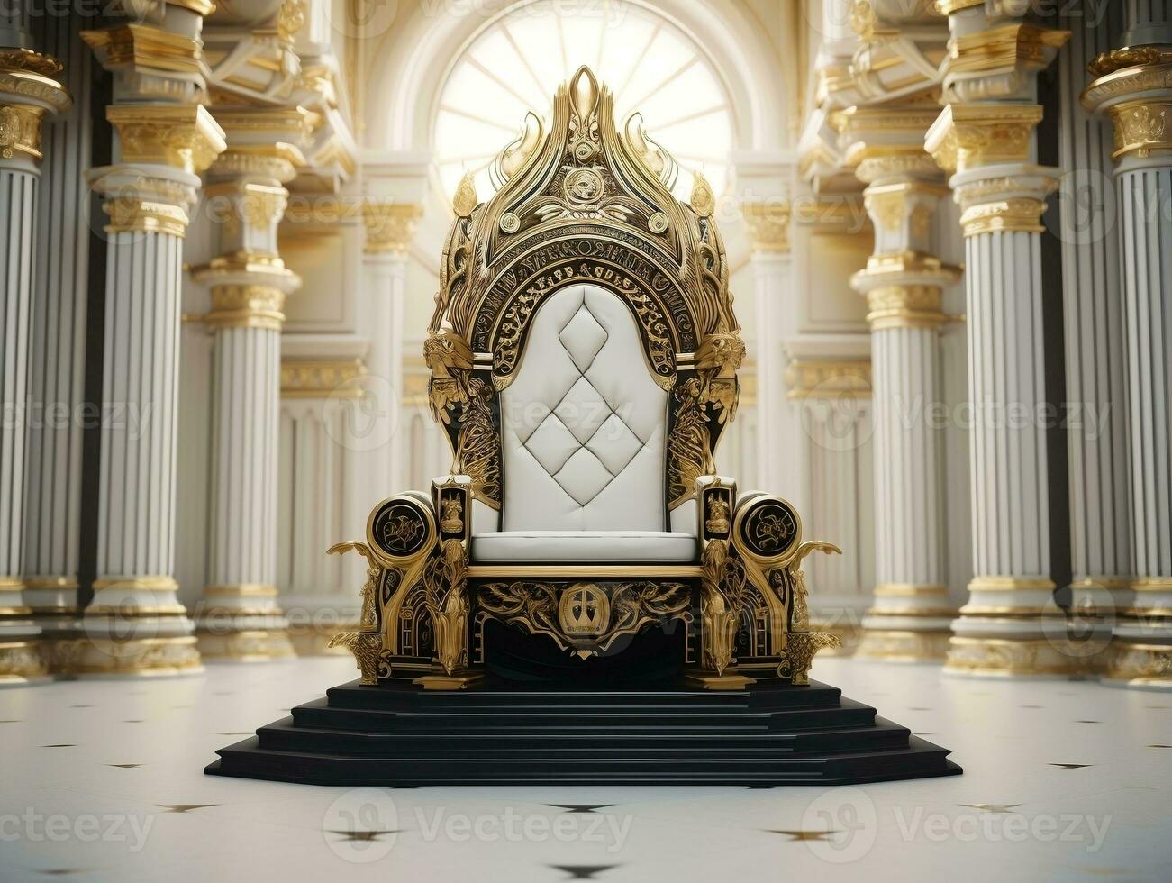 Ancient 3D golden throne on a white floor AI Generative photo