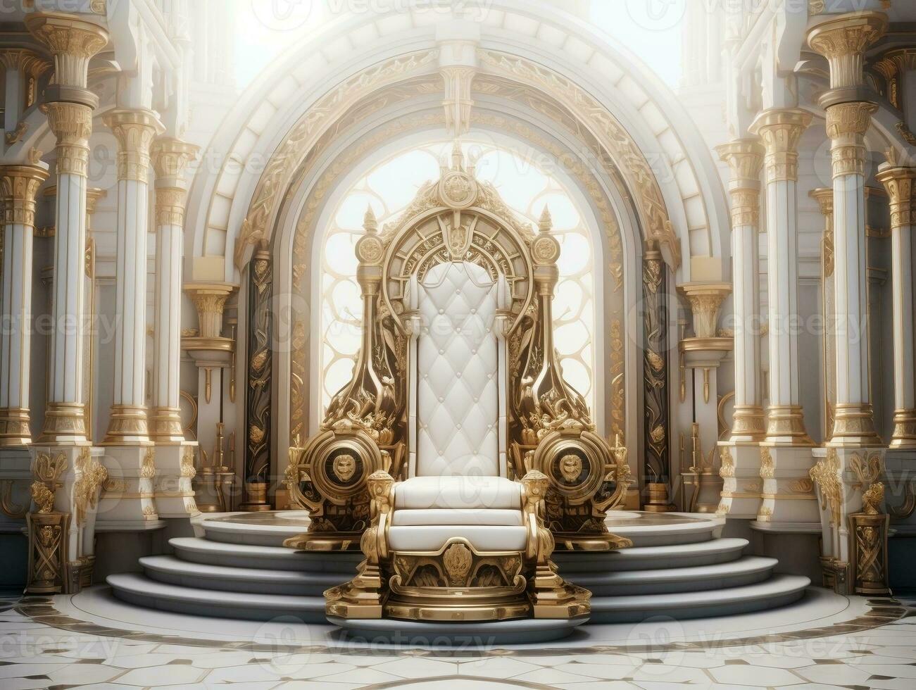 Ancient 3D golden throne on a white floor AI Generative photo