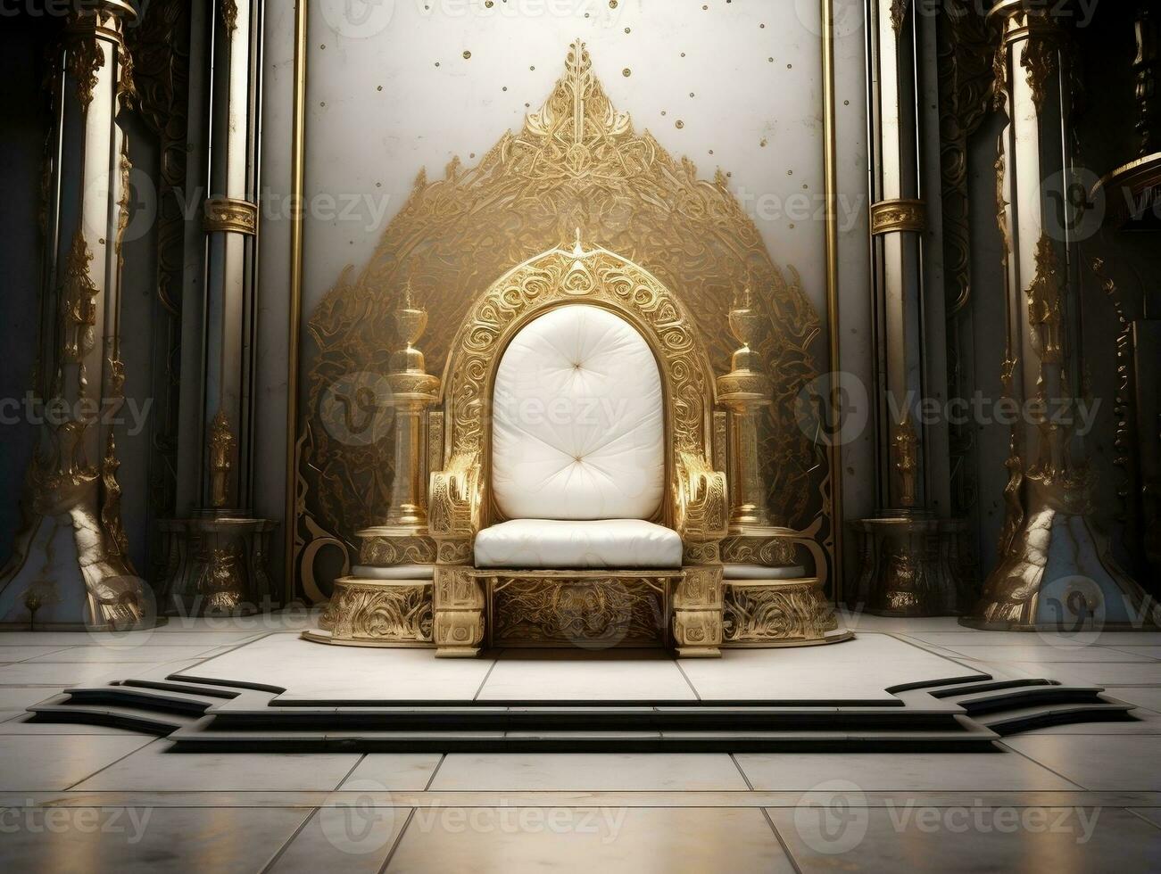 Ancient 3D golden throne on a white floor AI Generative photo