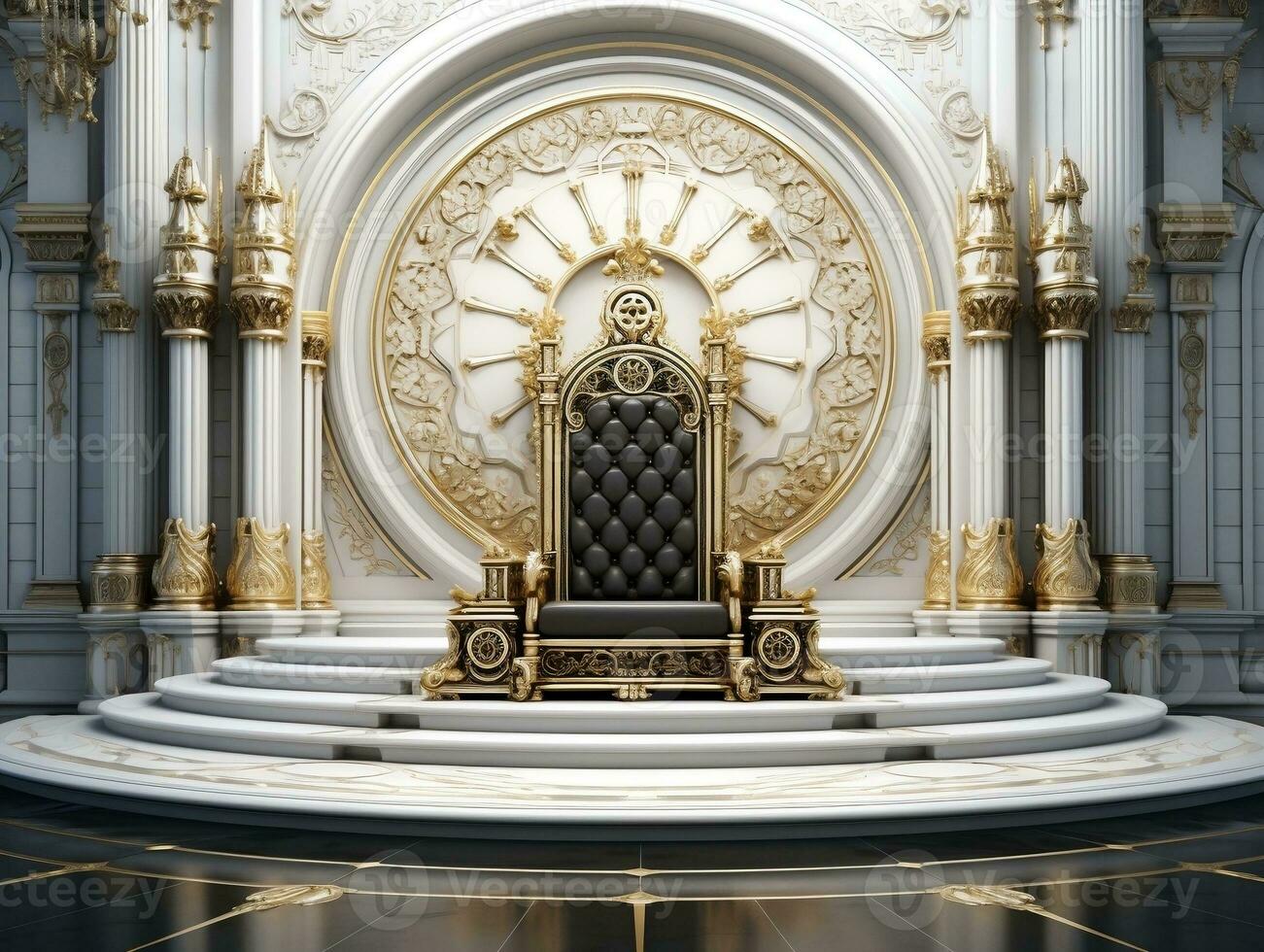 Ancient 3D golden throne on a white floor AI Generative photo