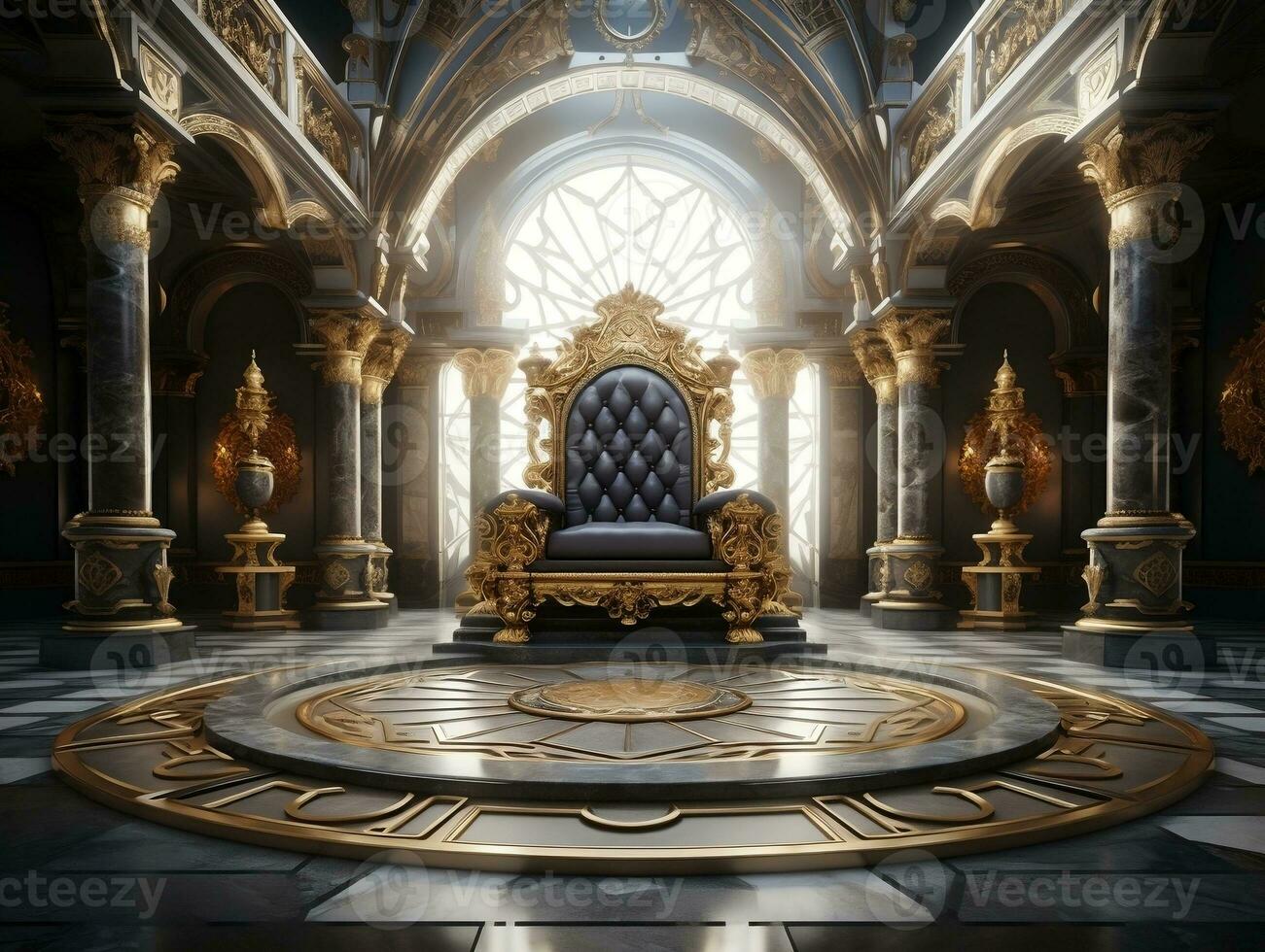 Ancient 3D golden throne on a white floor AI Generative photo