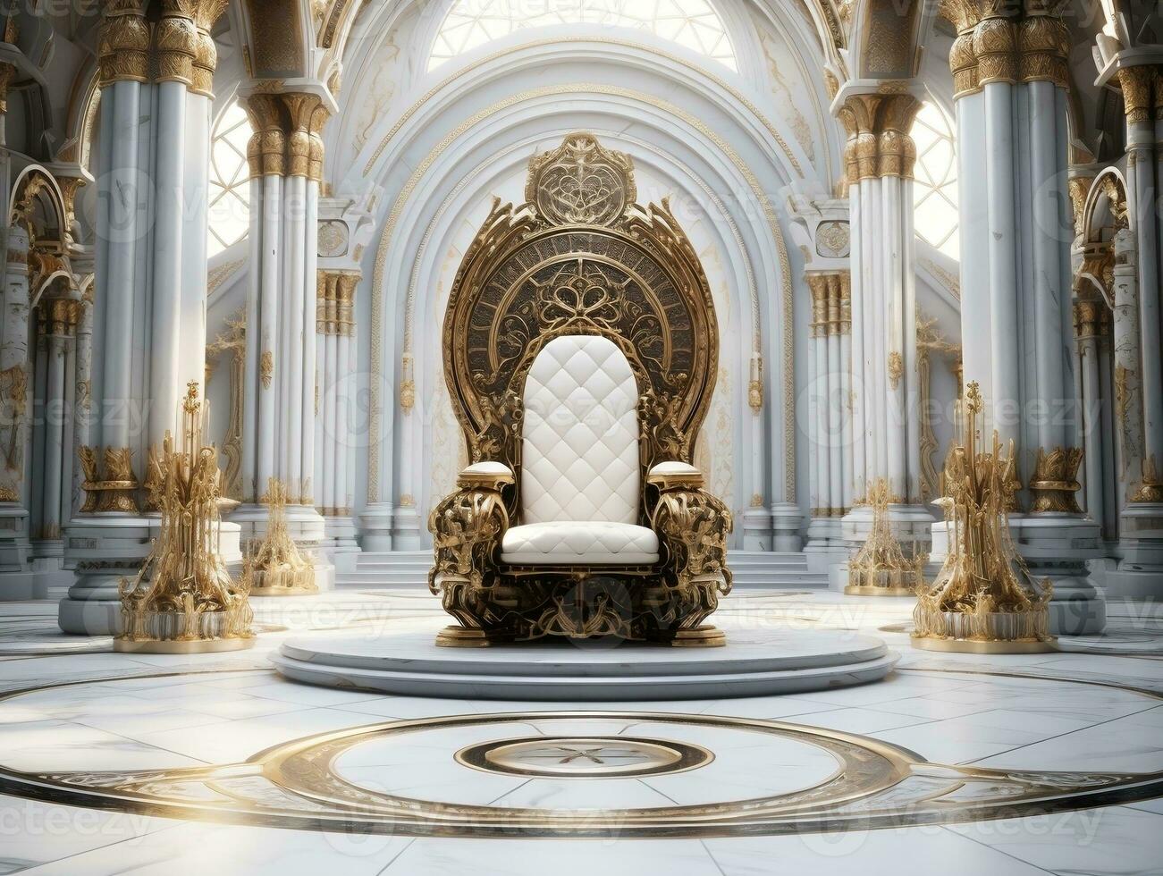 Ancient 3D golden throne on a white floor AI Generative photo