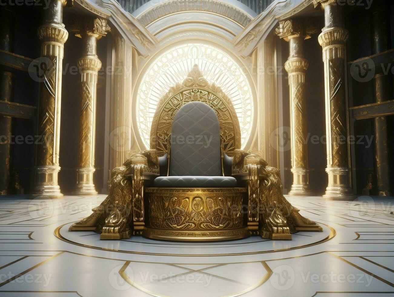 Ancient 3D golden throne on a white floor AI Generative photo