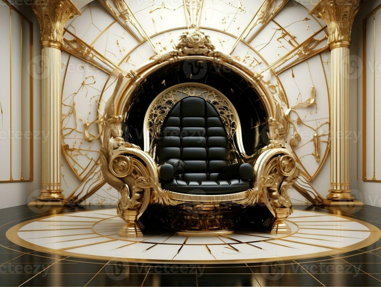 Ancient 3D golden throne on a white floor AI Generative photo