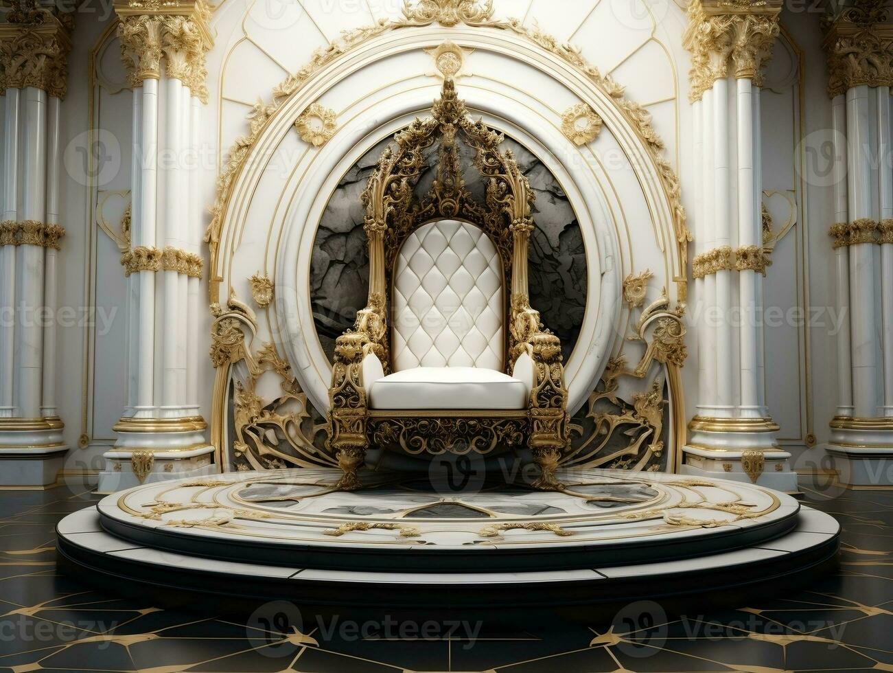 Ancient 3D golden throne on a white floor AI Generative photo