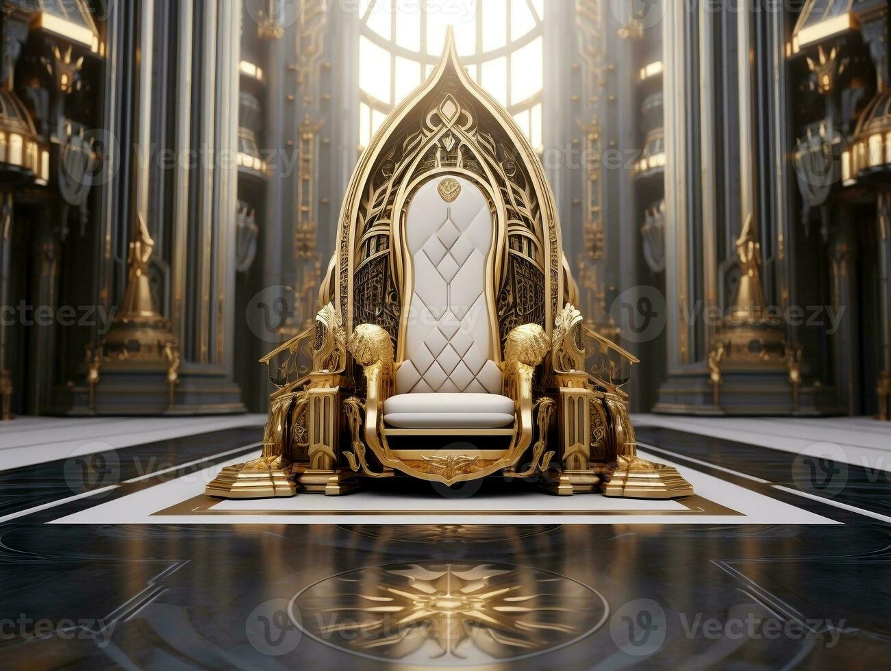 Ancient 3D golden throne on a white floor AI Generative photo