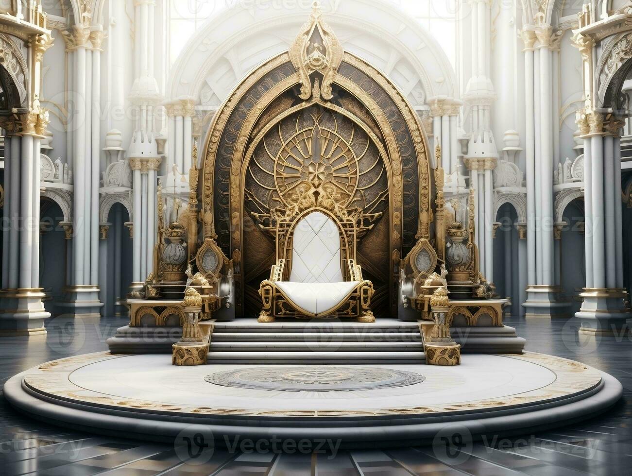 Ancient 3D golden throne on a white floor AI Generative photo