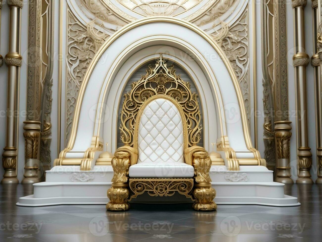 Ancient 3D golden throne on a white floor AI Generative photo