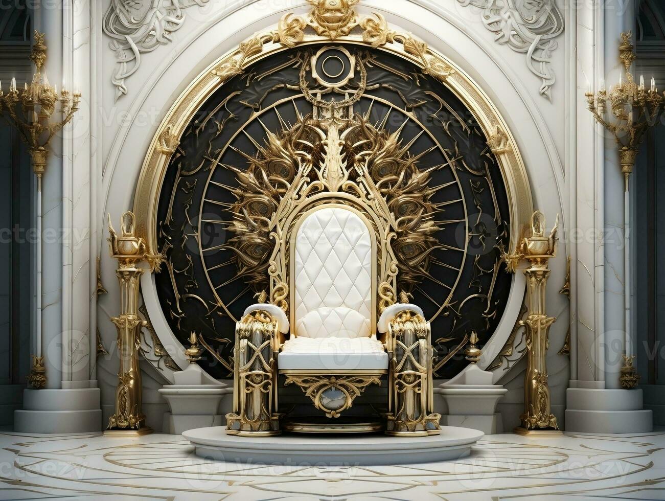 Ancient 3D golden throne on a white floor AI Generative photo