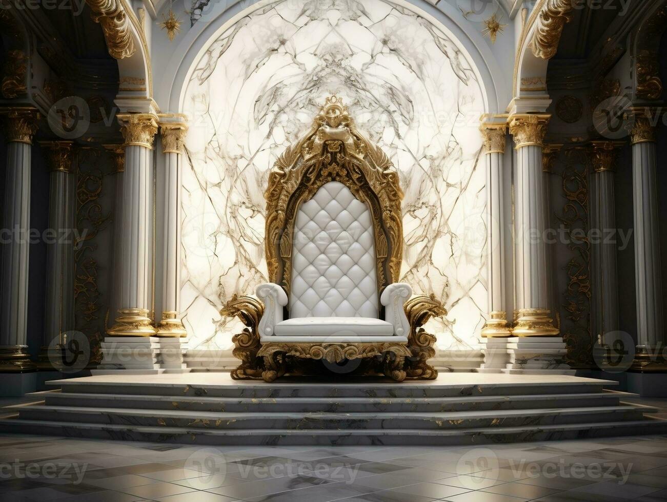 Ancient 3D golden throne on a white floor AI Generative photo
