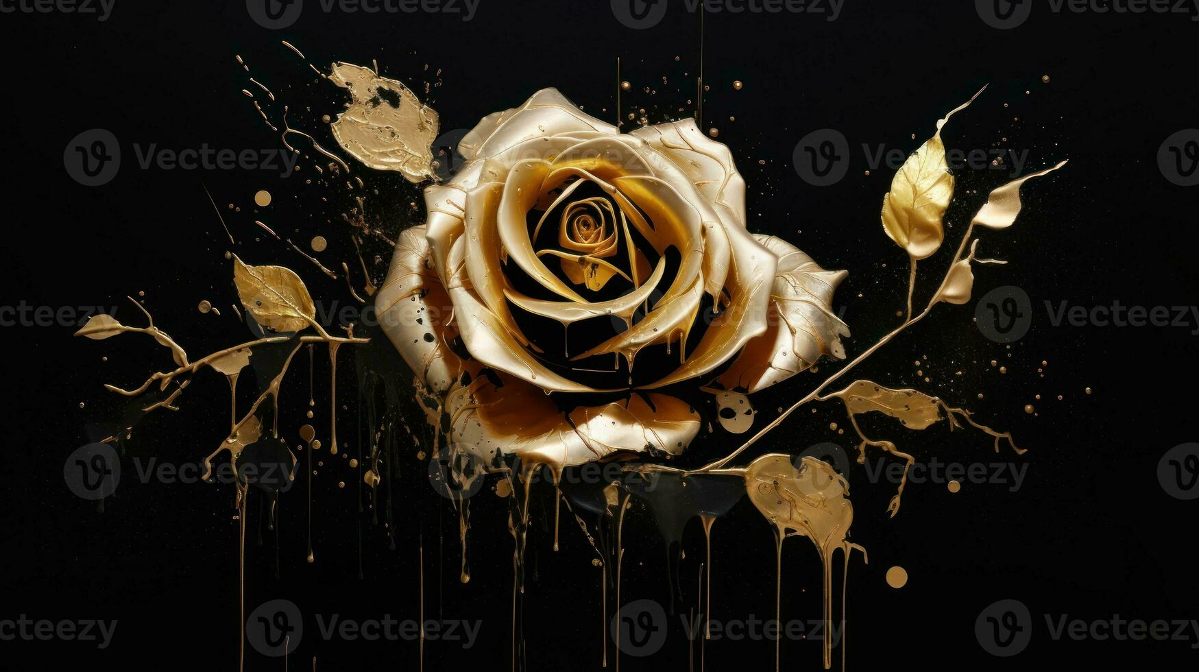 Gold rose on black background with golden splashes. 3d rendering Generative AI photo