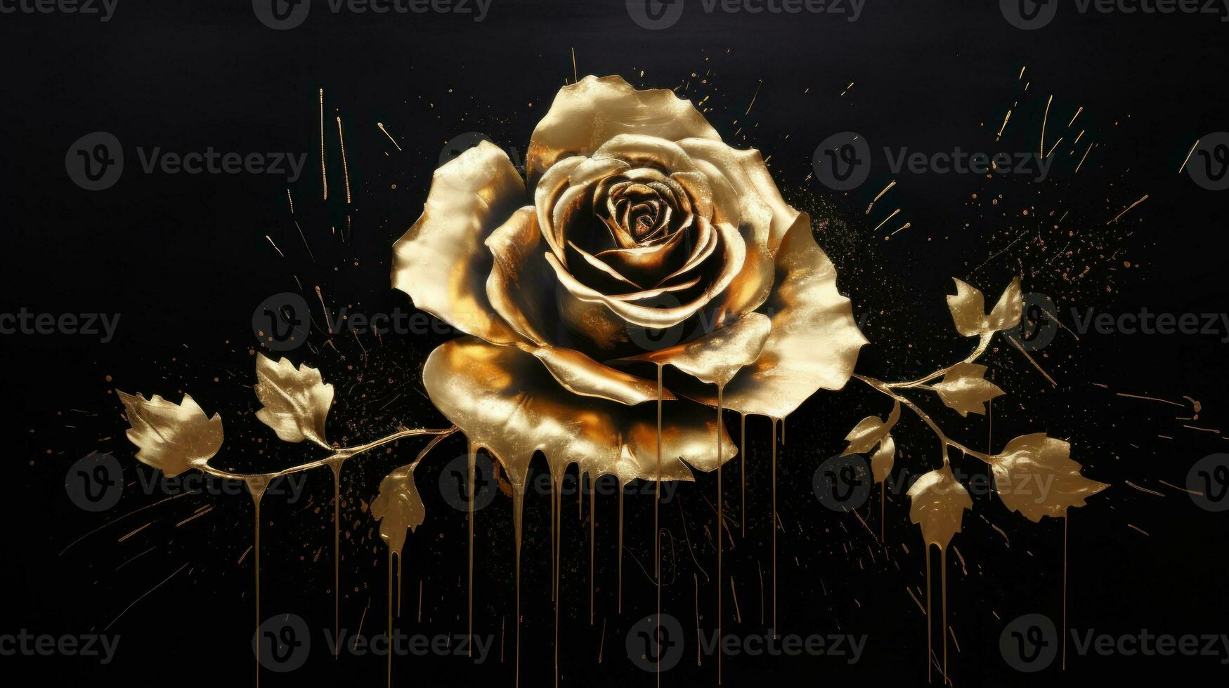 Gold rose on black background with golden splashes. 3d rendering Generative AI photo