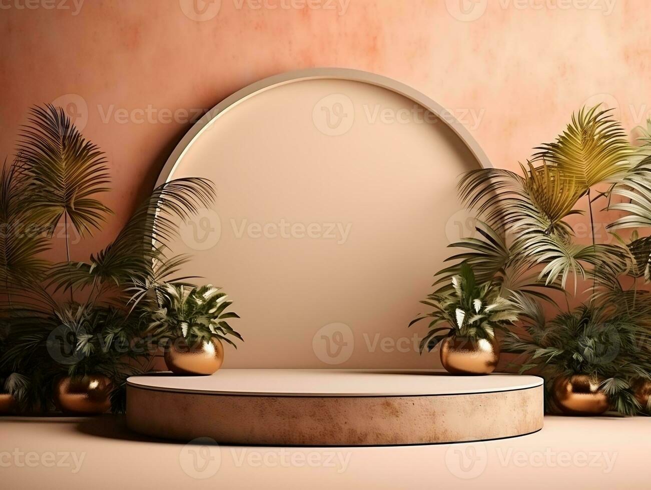 3D podium mockup with  plants on the two sides of the scene AI Generative photo