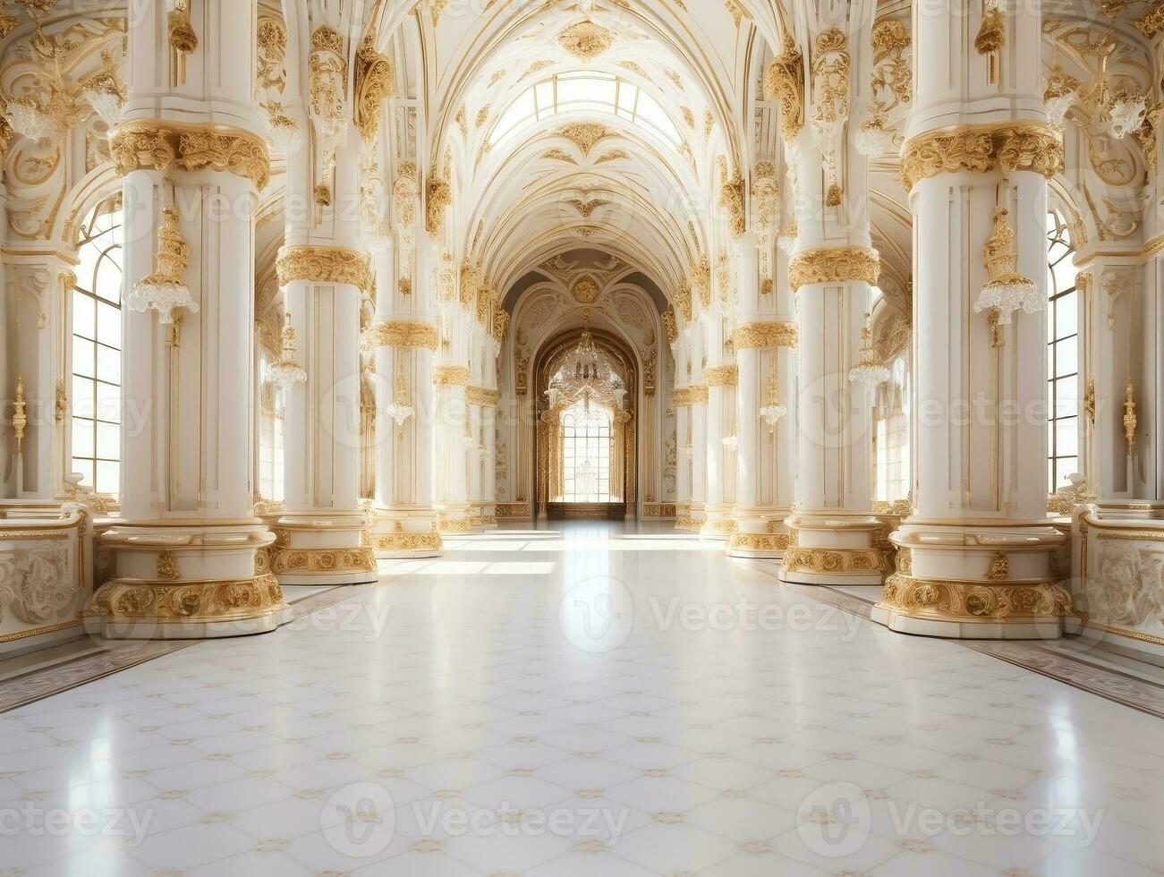 Luxurious white marble floor of a palace with beautiful gold ornaments AI Generative photo