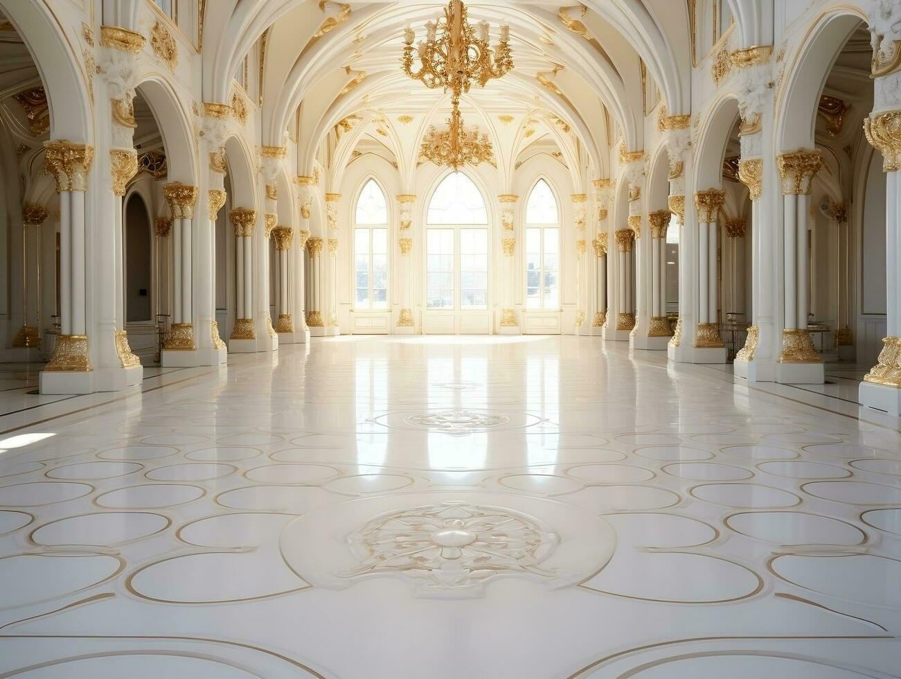 Luxurious white marble floor of a palace with beautiful gold ornaments AI Generative photo