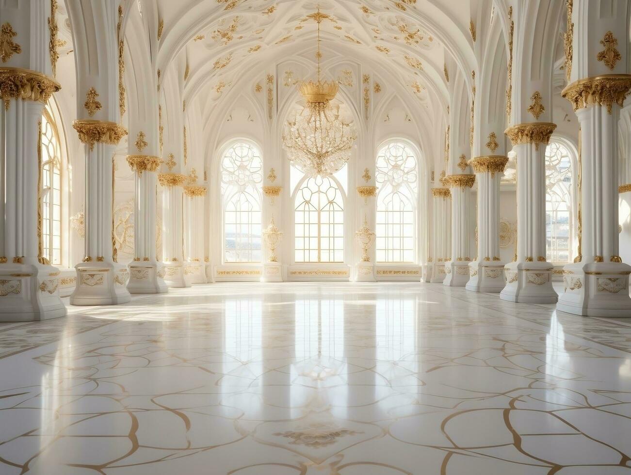 lujoso blanco mármol piso de un palacio con hermosa oro adornos ai generativo foto