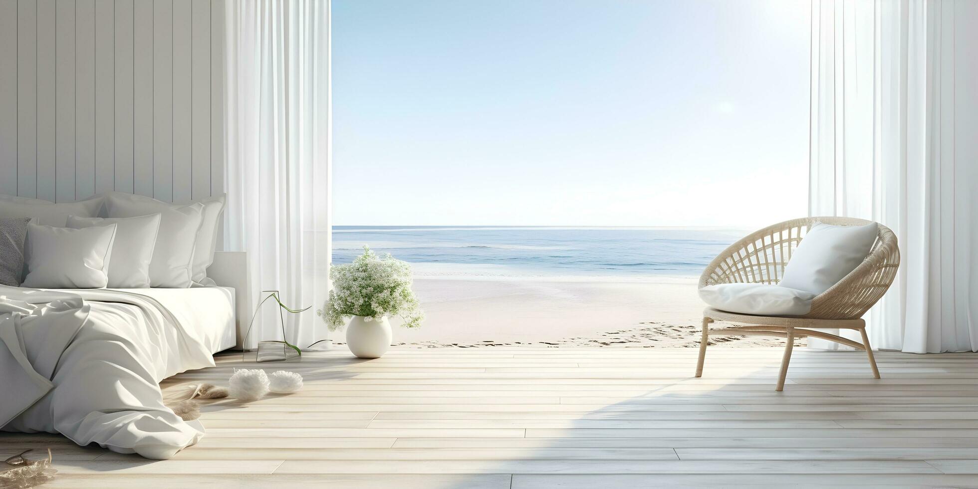 White bedroom on wooden flooring is sitting next to wicker furniture AI Generative photo