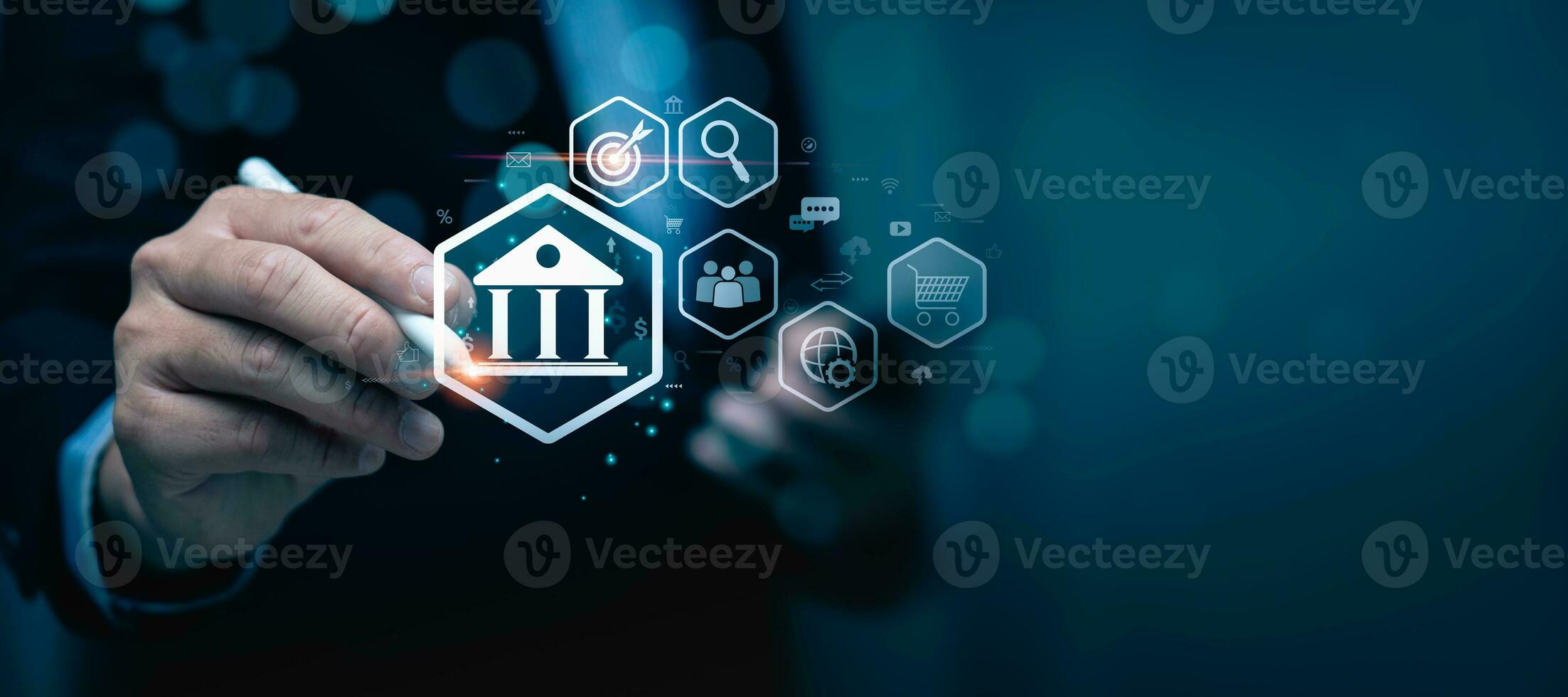 Businessman using mobile online banking and payments, digital marketing. Financial and banking networking. Customer network connection and online shopping icons cyber security, business technology photo