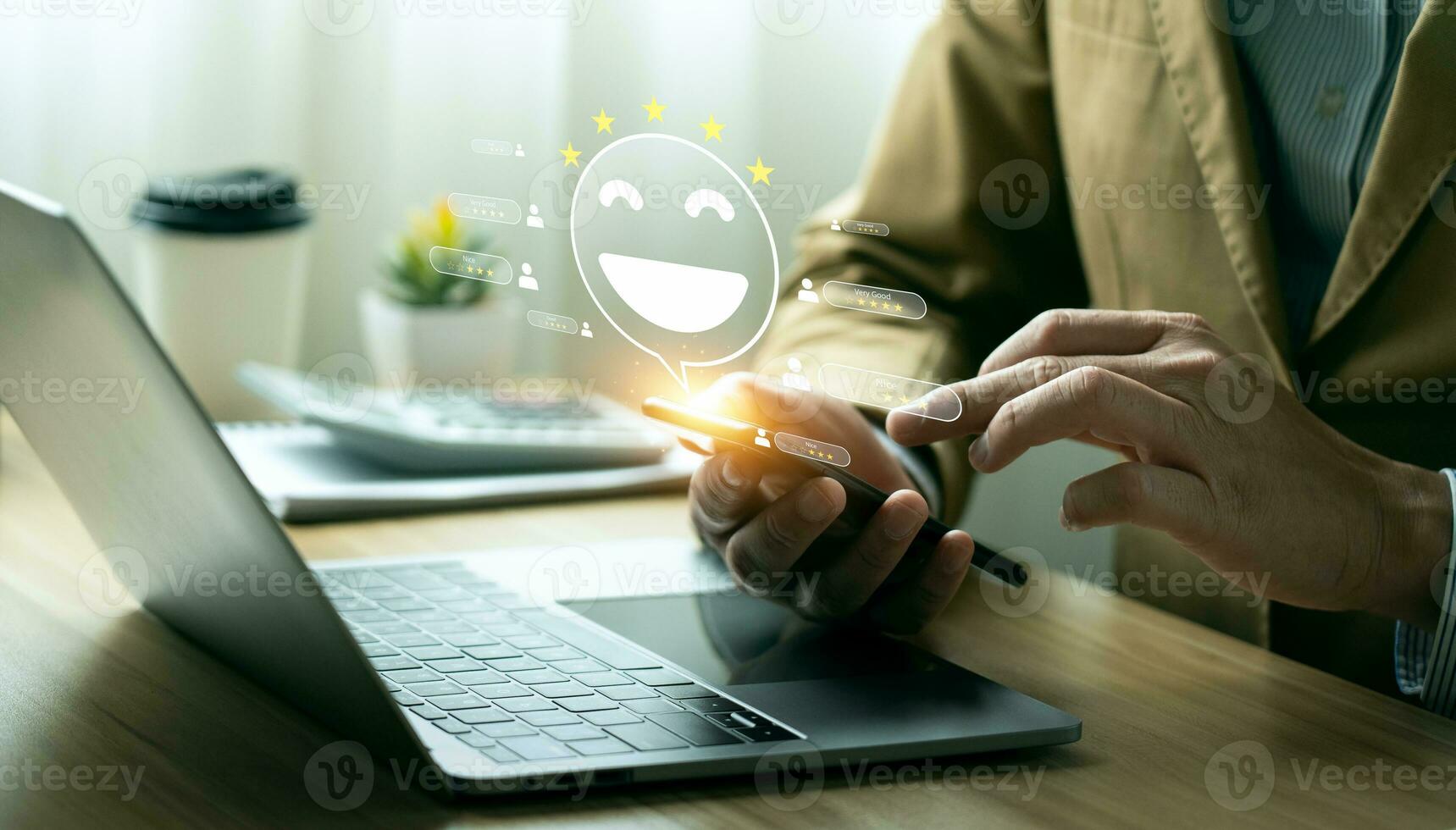 Customer review satisfaction feedback survey concept. Business people rate service experience and product quality or staff friendliness and overall value for the price. information, amend, improve photo