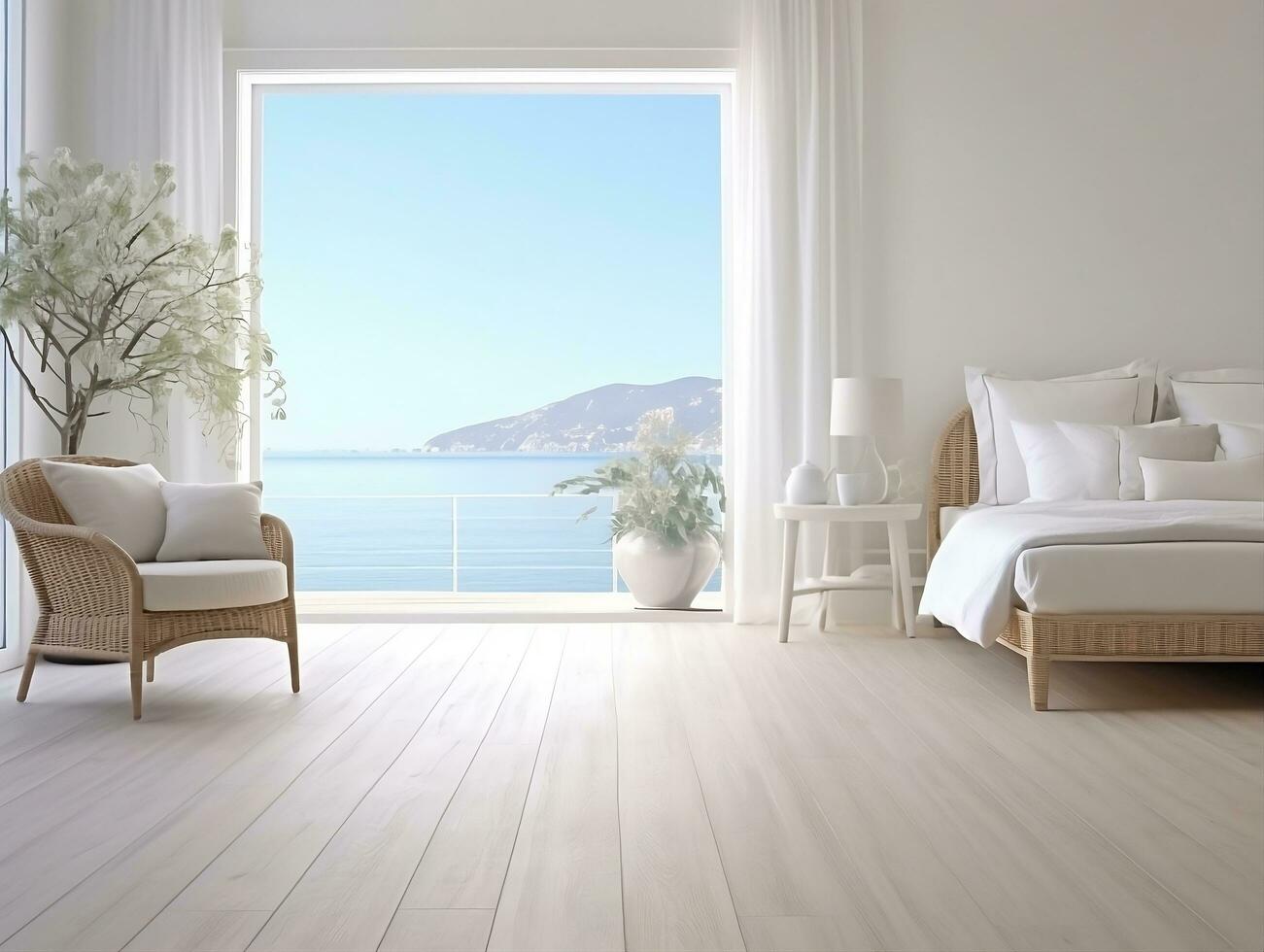 AI generated White bedroom on wooden flooring is sitting next to a wicker furniture AI Generative photo