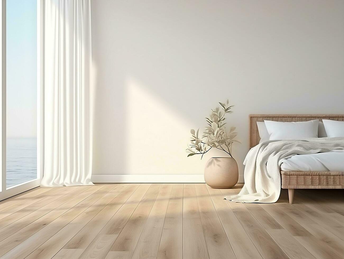 AI generated White bedroom on wooden flooring is sitting next to a wicker furniture AI Generative photo