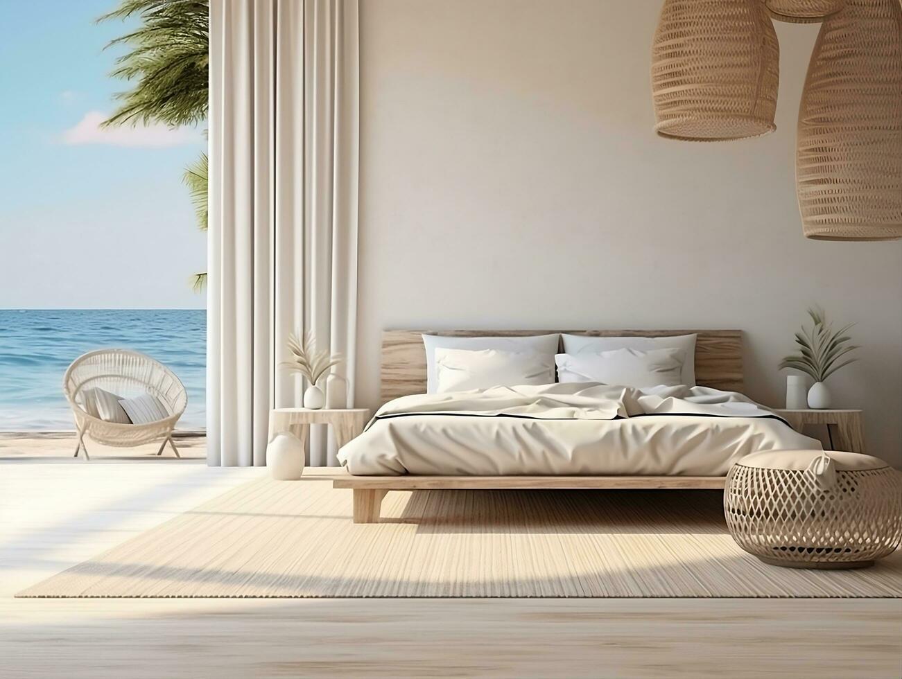 AI generated White bedroom on wooden flooring is sitting next to a wicker furniture AI Generative photo