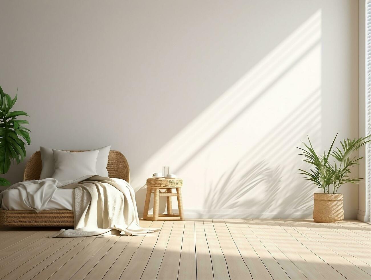 AI generated White bedroom on wooden flooring is sitting next to a wicker furniture AI Generative photo