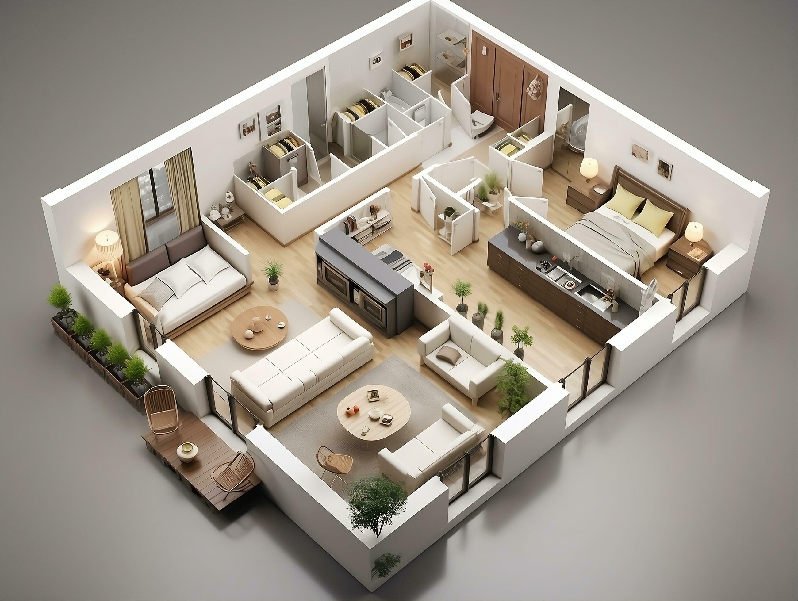 AI Generated 3D Floor Plan Of An Open Concept Living Apartment Layout 