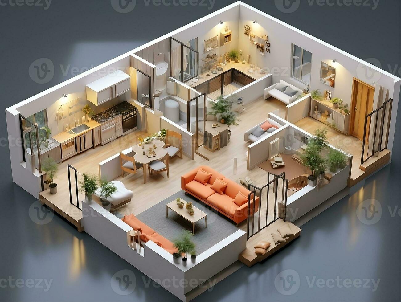AI generated 3D floor plan of an open concept living apartment layout home AI Generative photo