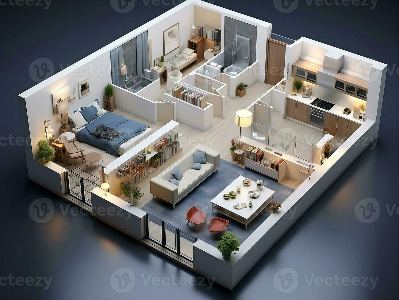 AI generated 3D floor plan of an open concept living apartment layout home AI Generative photo