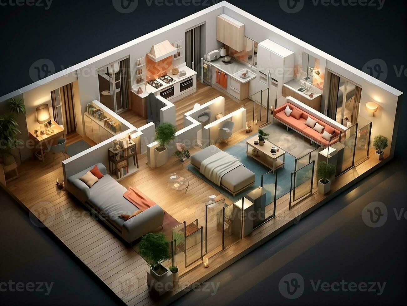 AI generated 3D floor plan of an open concept living apartment layout home AI Generative photo
