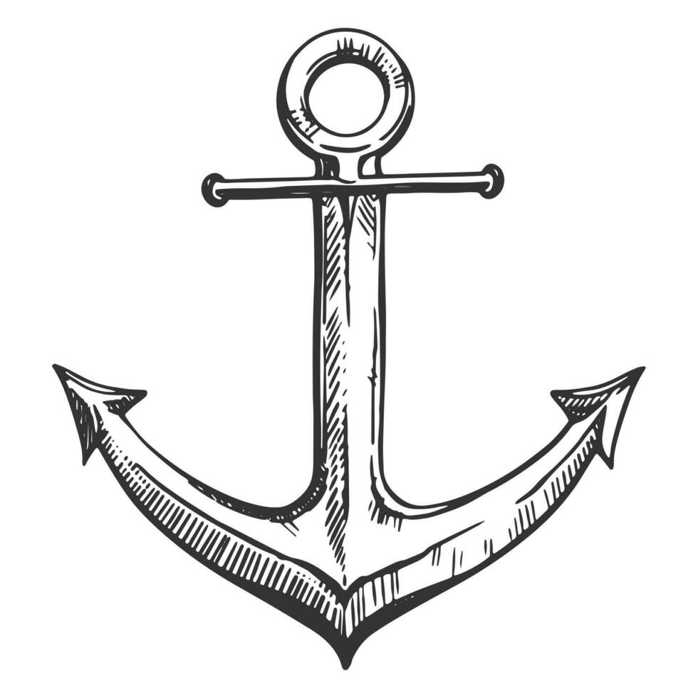 Antique sea anchor on a white background. Part of the equipment for the ship. Vector hand drawn illustration. Clipart for tattoo, emblem, logo, label.