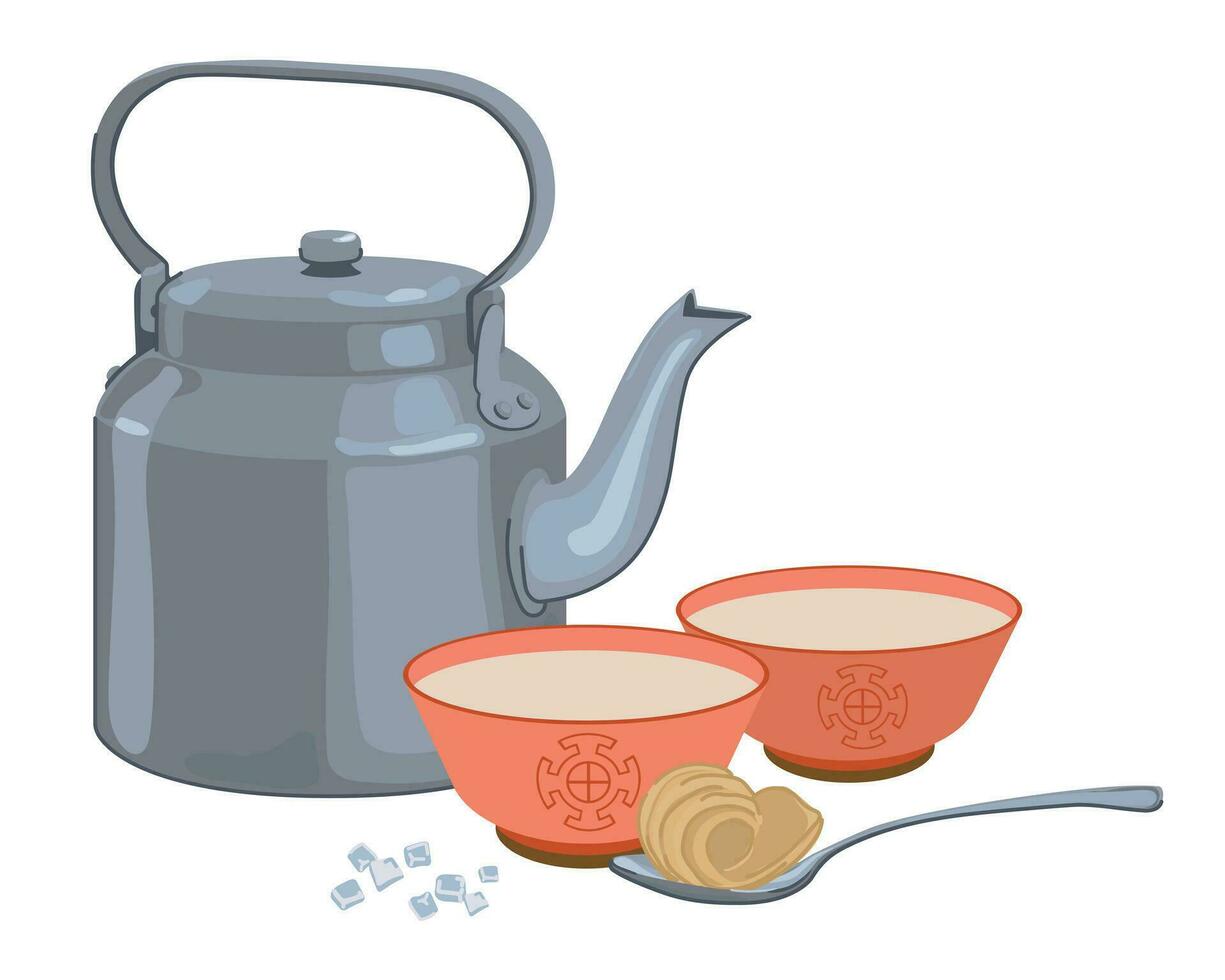 Tea with butter and salt. A traditional drink of the peoples of the Himalayan regions of Nepal, Bhutan, India and Mongolia. Vector, flat style. Stainless steel teapot, bowl, spoon, salt, oil. vector