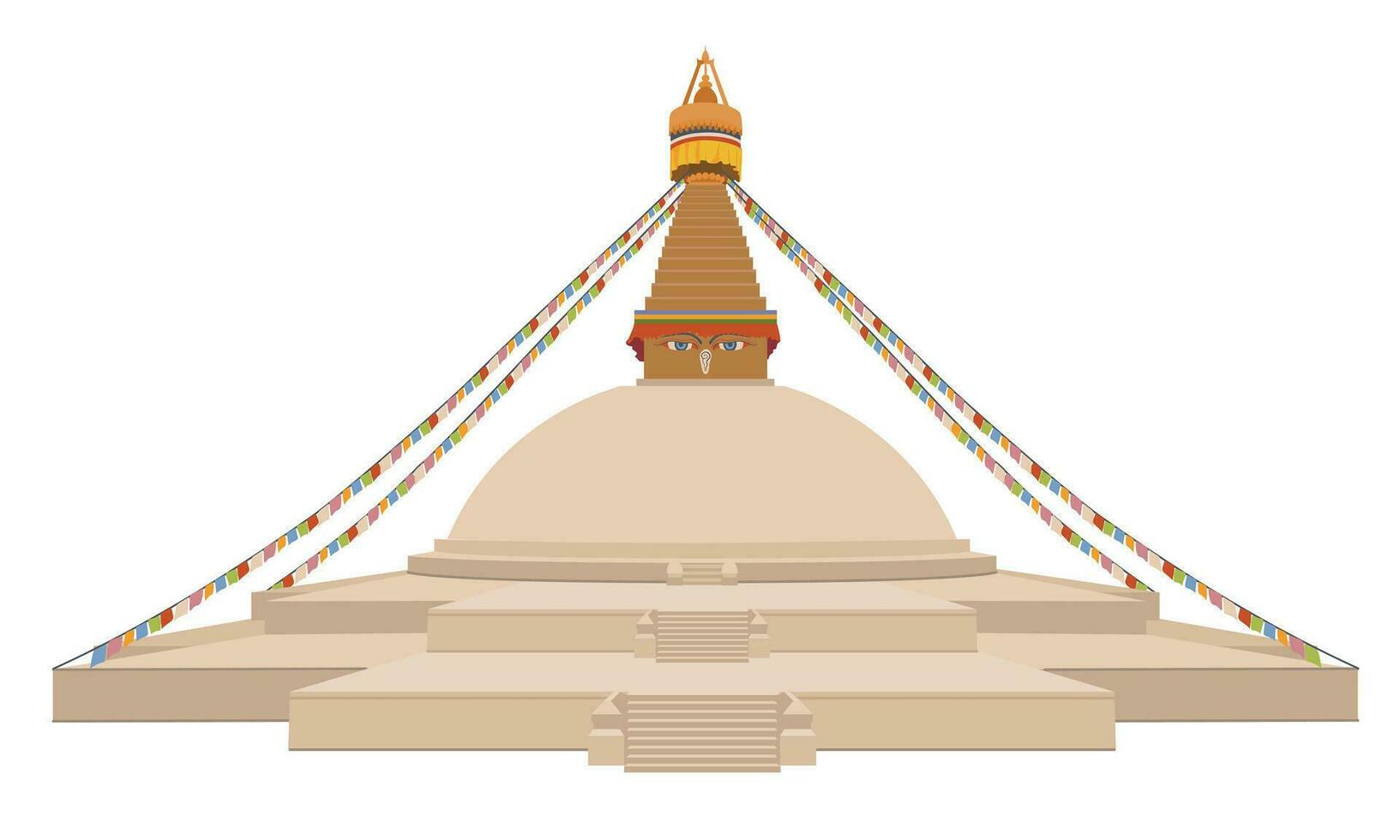 Bodnath, the great white stupa. Buddhist temple complex in Kathmandu. Buddhanath is the main center of Tibetan Buddhism in Nepal. Vector, flat style. A religious symbol, a pagoda vector